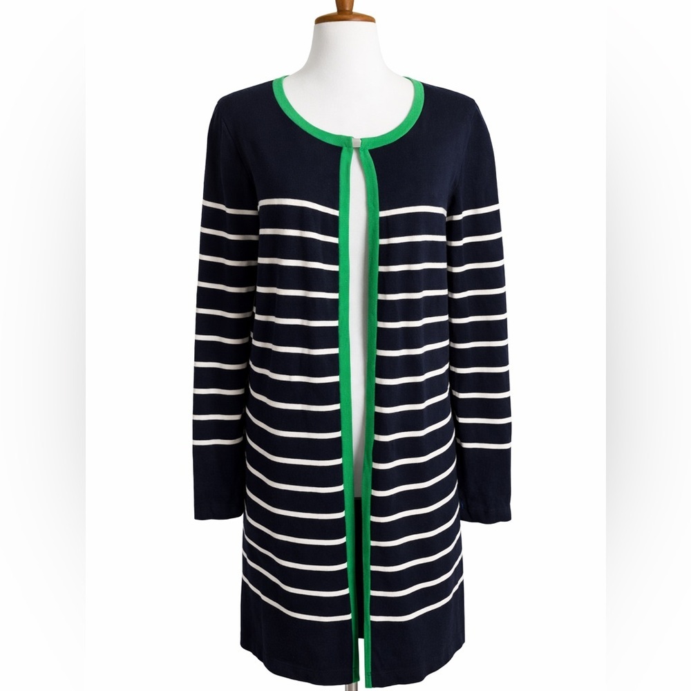 Pendleton Silk Blend Striped Cardigan | 70% Silk 30% Cotton | Navy Green Trim |M